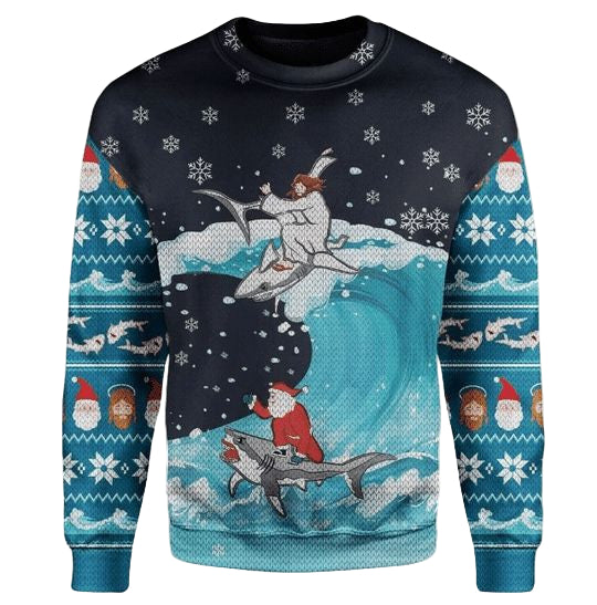 Santa Claus And God Jesus Riding Shark Gift For Christmas Ugly Christmas Sweater
