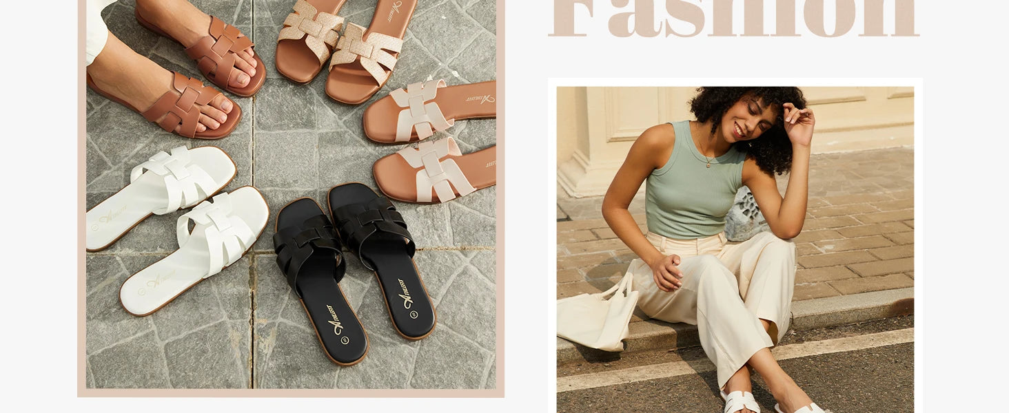 Women's Flat Sandals Dressy Summer Square Open Toe Slip On Leather Slide Sandals