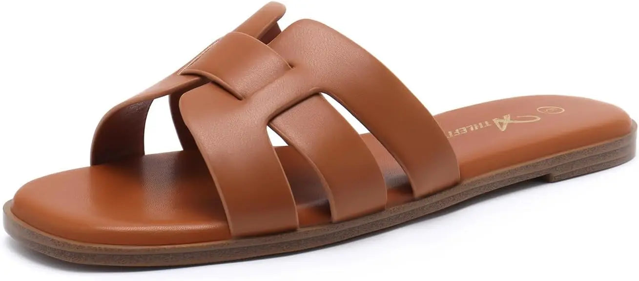 Women's Flat Sandals Dressy Summer Square Open Toe Slip On Leather Slide Sandals