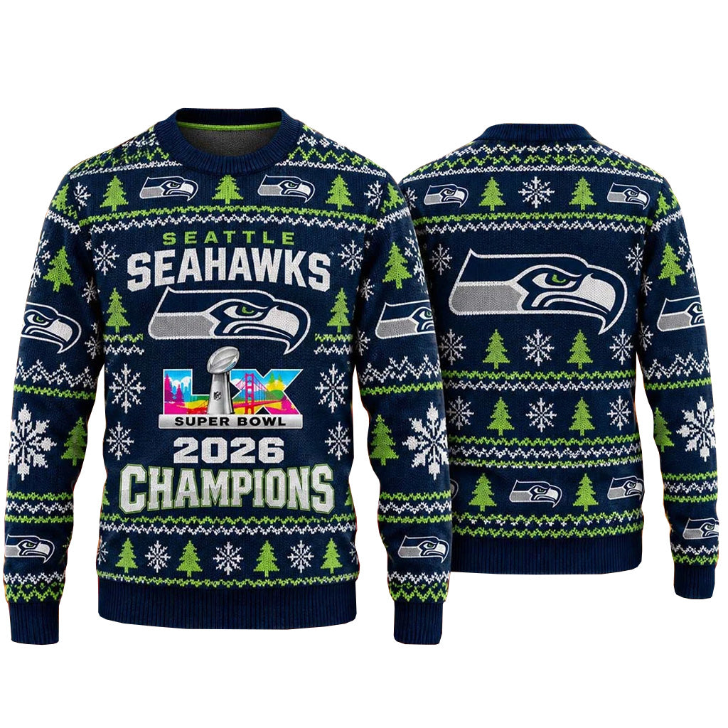 Seattle Seahawks Super Bowl LX Champions 2026 Ugly Christmas Sweater