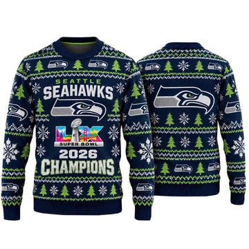 Seattle Seahawks Super Bowl LX Champions 2026 Ugly Christmas Sweater