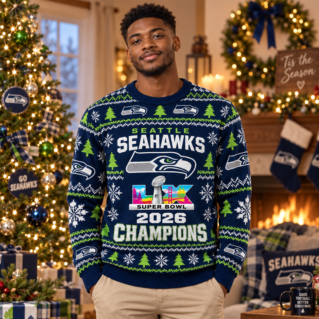 Seattle Seahawks Super Bowl LX Champions 2026 Ugly Christmas Sweater