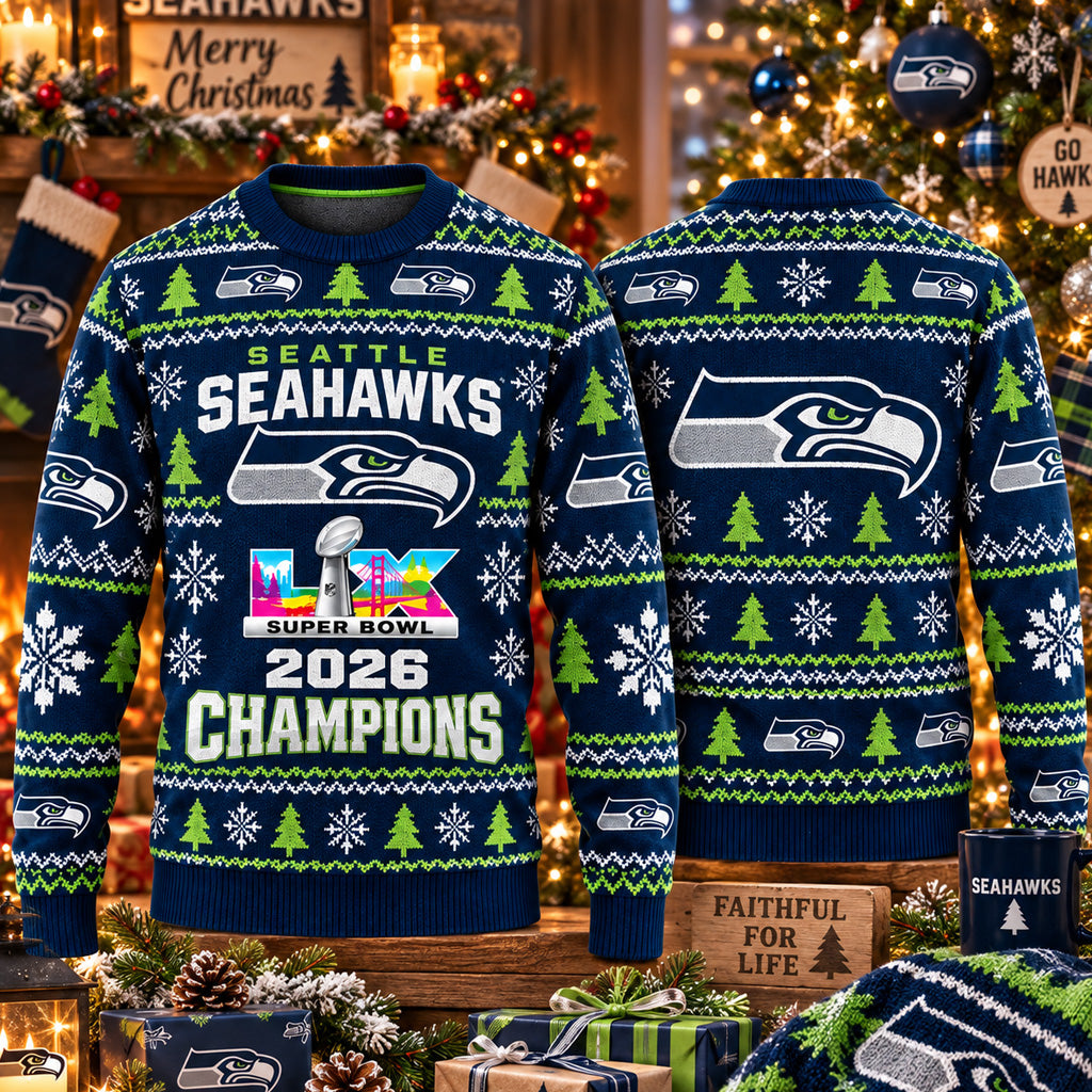 Seattle Seahawks Super Bowl LX Champions 2026 Ugly Christmas Sweater