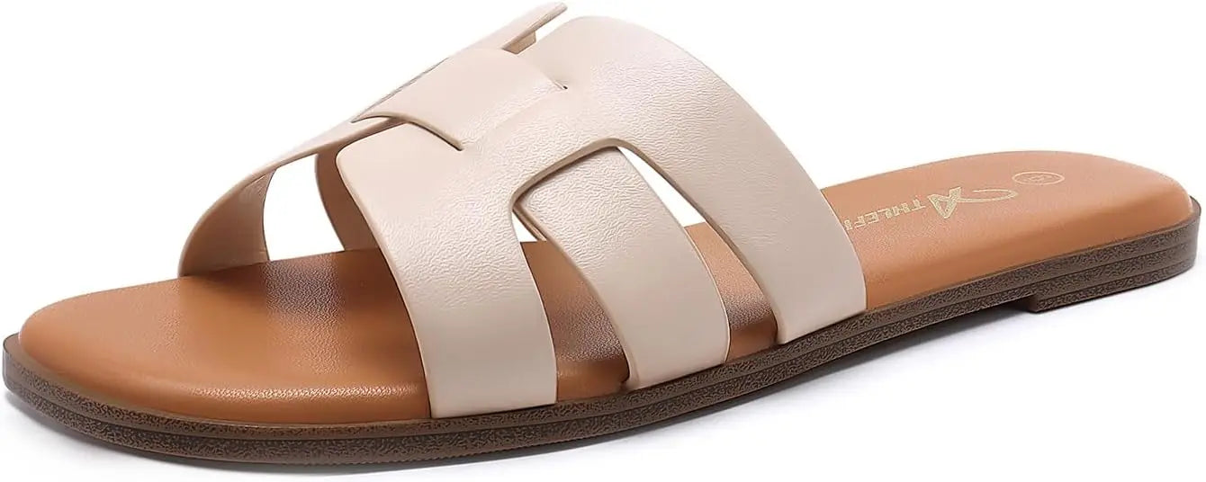 Women's Flat Sandals Dressy Summer Square Open Toe Slip On Leather Slide Sandals