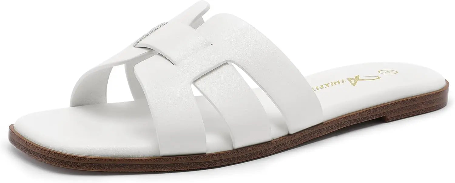 Women's Flat Sandals Dressy Summer Square Open Toe Slip On Leather Slide Sandals