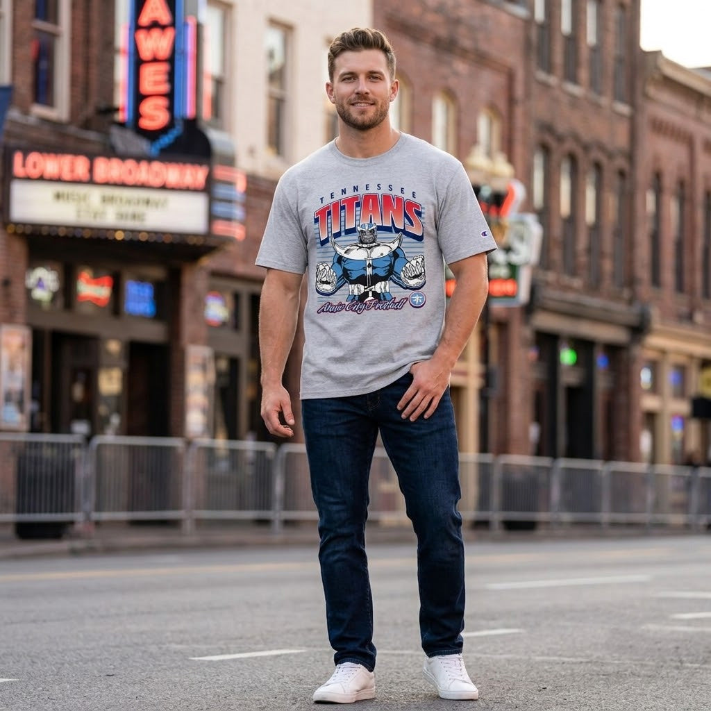 Tennessee Titans x Thanos Music City Football 2026 Graphic Shirt for Football and Marvel Fans