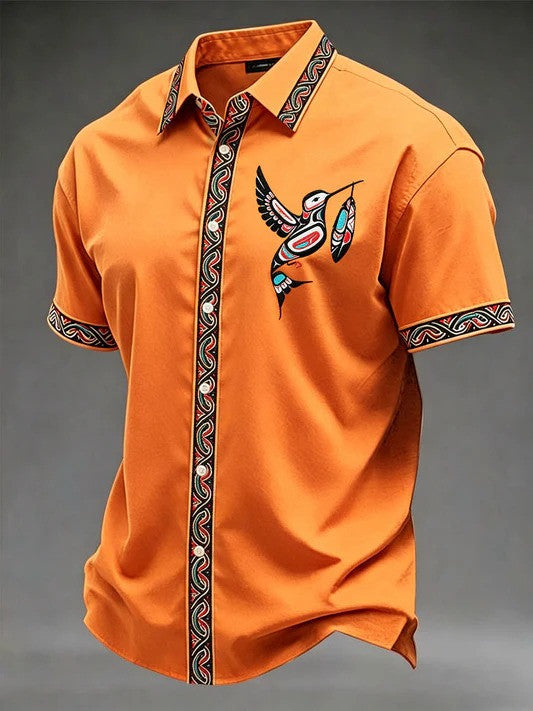 Tribal Hummingbird Hawaiian Shirt Indigenous Art With Vibrant Bird Merch Nature Enthusiasts Gift