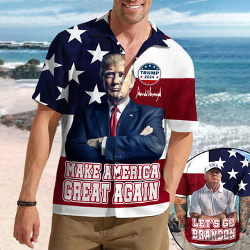 Trump 2024 Make America Great Again Hawaiian Shirt American Flag Let's Go Brandon Shirt