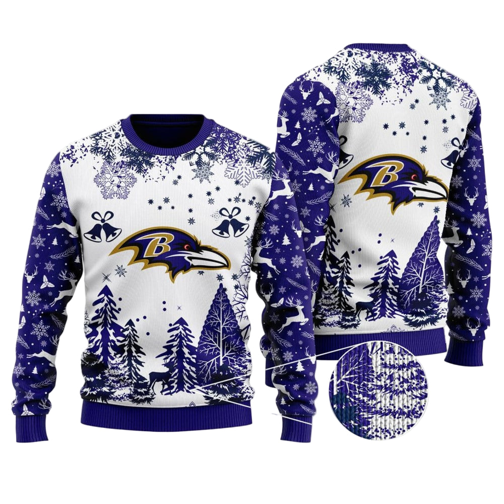 Ugly Christmas Sweater Baltimore-Ravens, Go Baltimore-Ravens Grinch Christmas Snowflakes Pine Tree White Navy