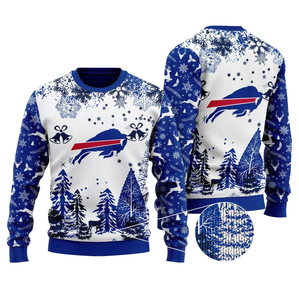 Ugly Christmas Sweater Buffalo-Bills, Go Buffalo-Bills Grinch Christmas Snowflakes Pine Tree White Navy