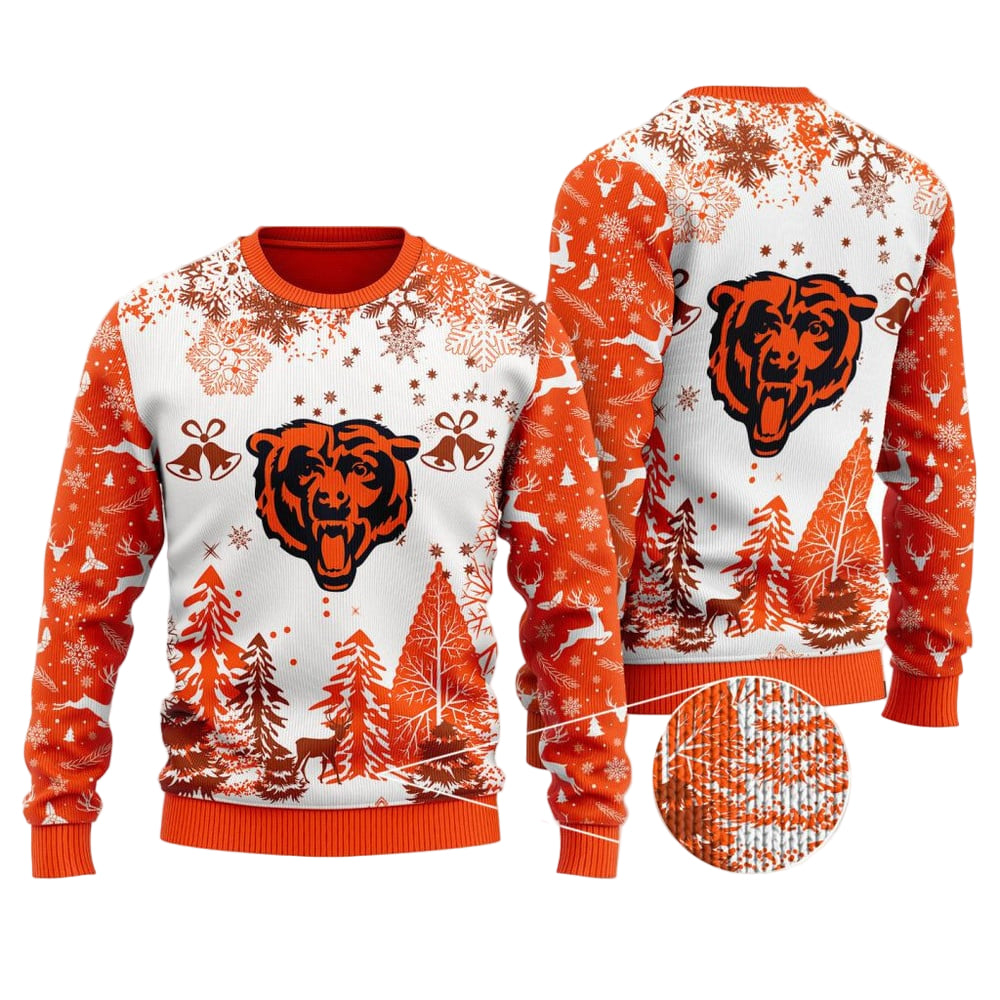 Ugly Christmas Sweater Chicago-Bears, Da Chicago-Bears Grinch Christmas Snowflakes Pine Tree White Orange