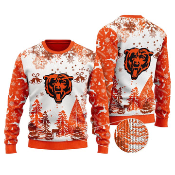 Ugly Christmas Sweater Chicago-Bears, Da Chicago-Bears Grinch Christmas Snowflakes Pine Tree White Orange