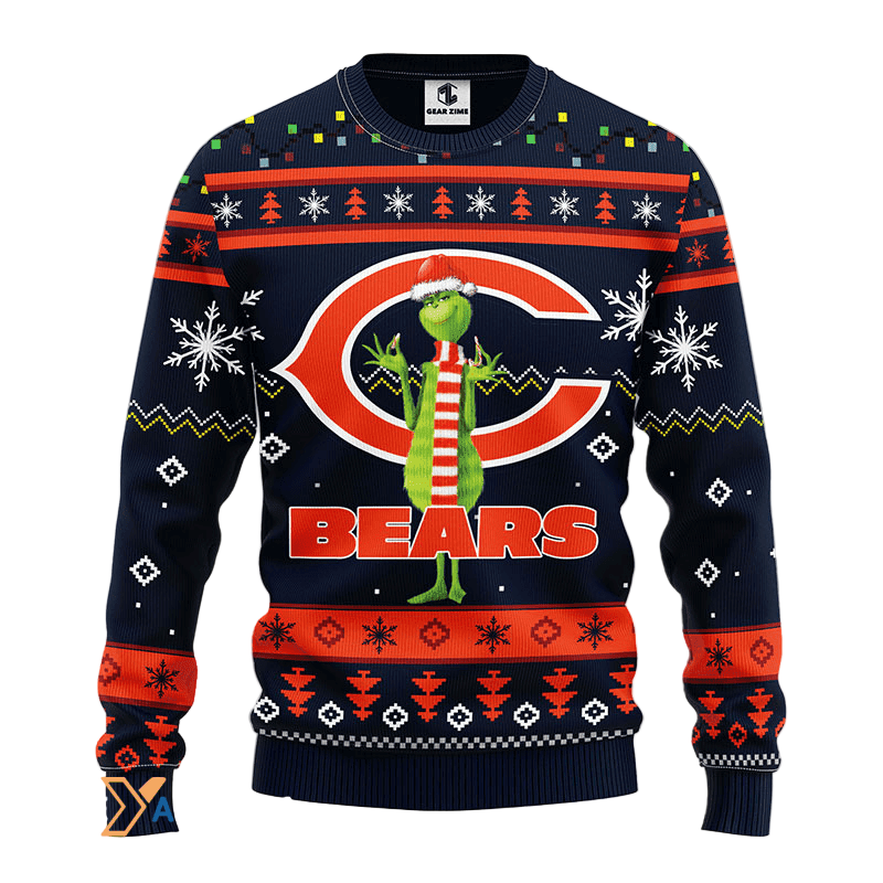 Ugly Christmas Sweater Chicago-Bears, Grinch Blue/Orange/Black