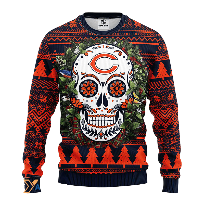 Ugly Christmas Sweater Chicago-Bears, Skull Flower Blue/Orange/Black