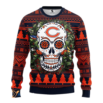 Ugly Christmas Sweater Chicago-Bears, Skull Flower Blue/Orange/Black