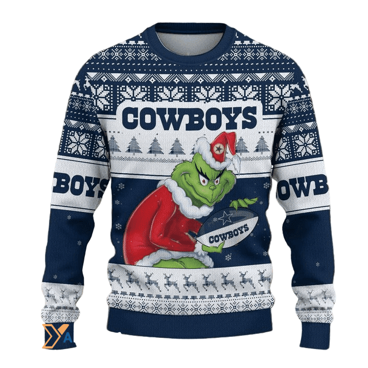 Ugly Christmas Sweater Dallas-Cowboys, The Grinch White/Blue
