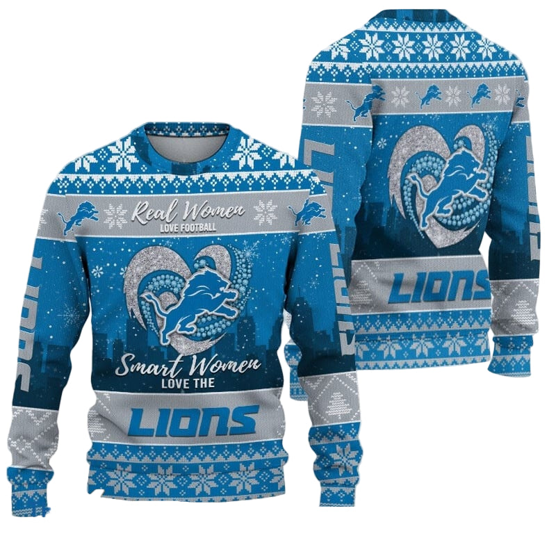 Ugly Christmas Sweater Detroit-Lions, Grinch Christmas Detroit-Lions In Heart Snowflakes City Shadow Navy Gray