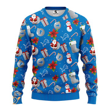Ugly Christmas Sweater Detroit-Lions, Santa Claus Snowman Blue