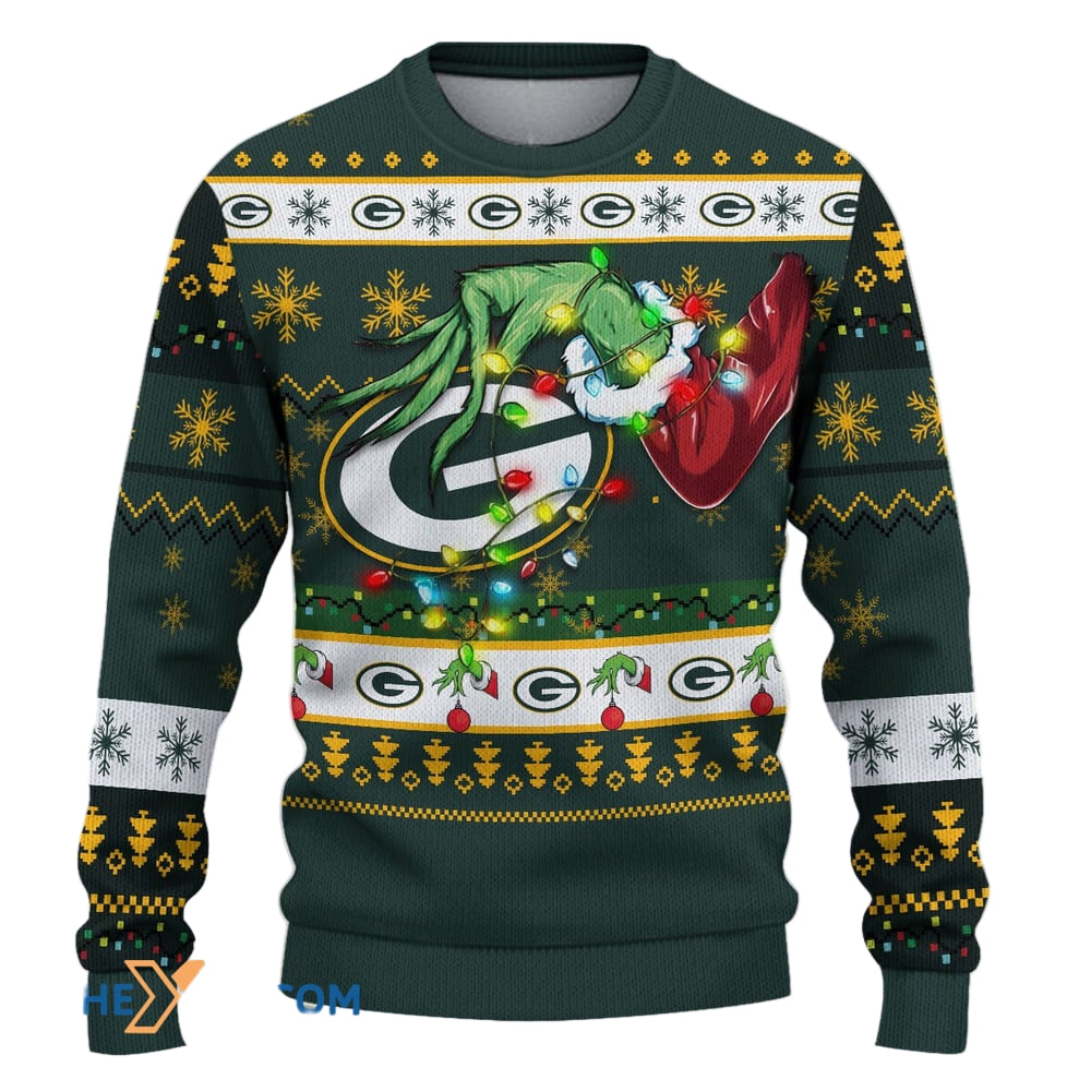 Ugly Christmas Sweater Green-Bay-Packers, Go Green-Bay-Packers Go Grinch Christmas Snowflakes Green