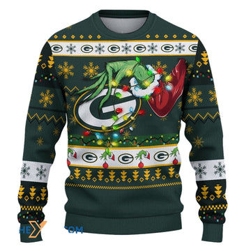 Ugly Christmas Sweater Green-Bay-Packers, Go Green-Bay-Packers Go Grinch Christmas Snowflakes Green