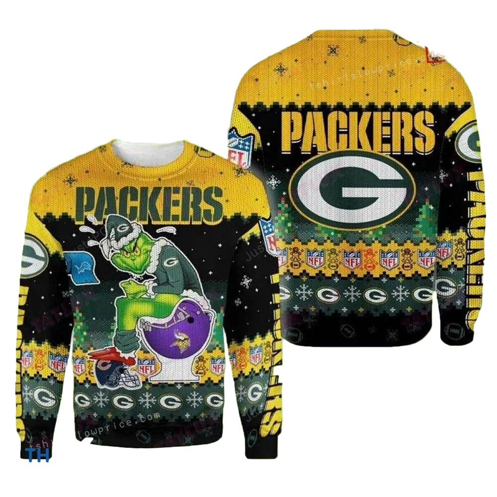 Ugly Christmas Sweater Green-Bay-Packers, Grinch Black/Yellow