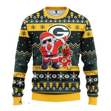 Ugly Christmas Sweater Green-Bay-Packers, Santa Claus Green/Yellow
