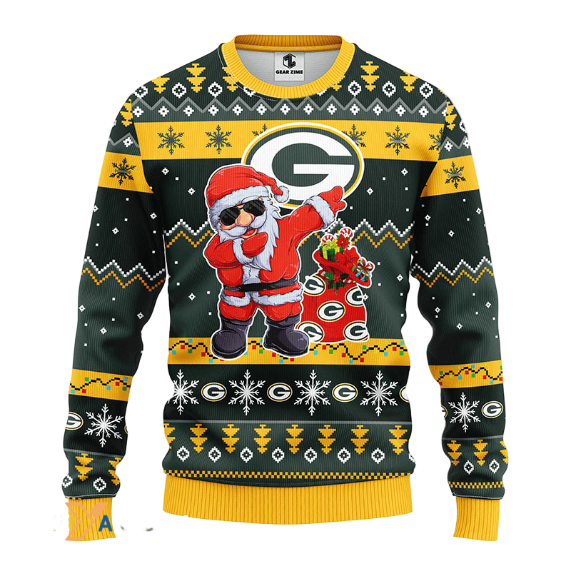 Ugly Christmas Sweater Green-Bay-Packers, Santa Claus Green/Yellow