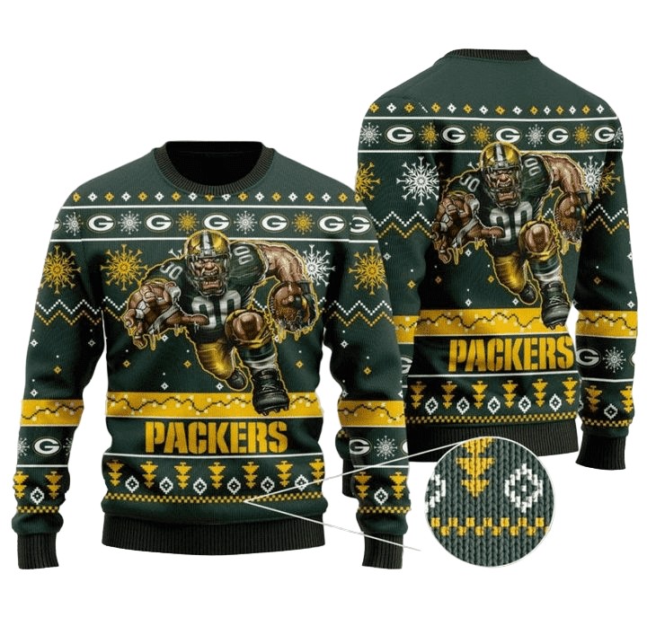 Ugly Christmas Sweater Green-Bay-Packers, Snow Flowers Green/Yellow