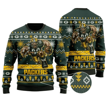 Ugly Christmas Sweater Green-Bay-Packers, Snow Flowers Green/Yellow
