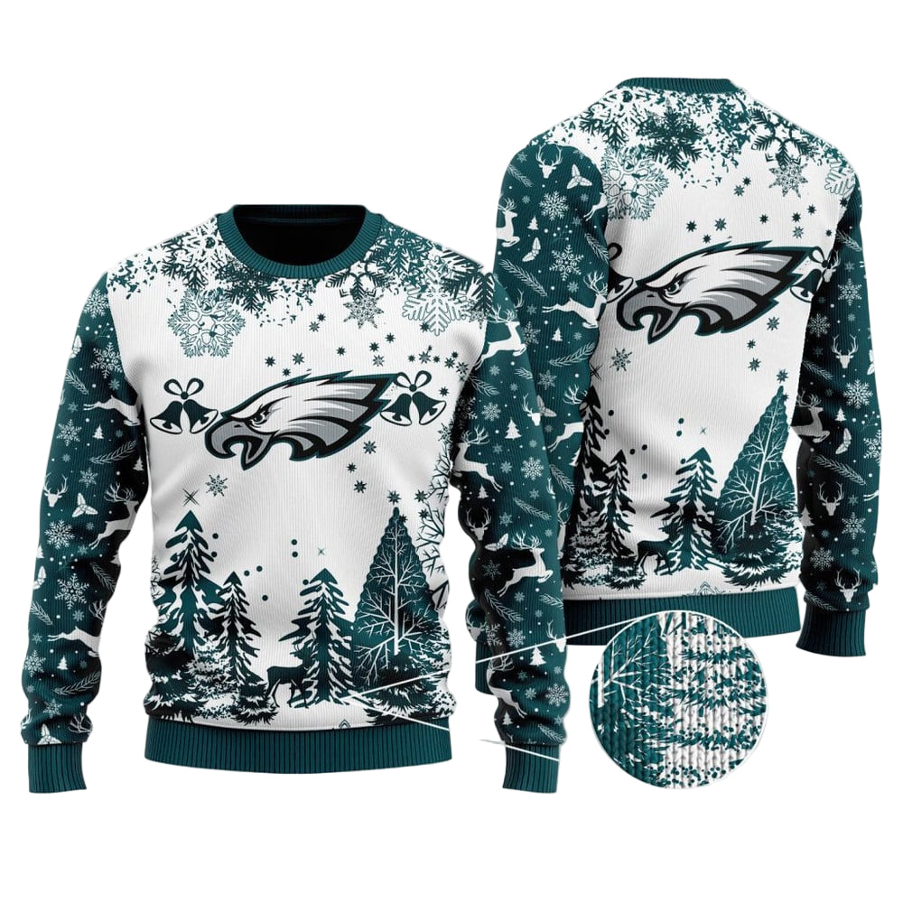 Ugly Christmas Sweater Philadelphia-Eagles, Fly Philadelphia-Eagles Fly Grinch Christmas Snowflakes Pine Tree White Teal