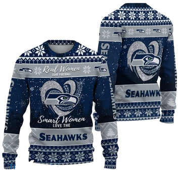Ugly Christmas Sweater Seattle-Seahawks, Grinch Christmas Seattle-Seahawks In Heart Snowflakes City Shadow Navy Gray
