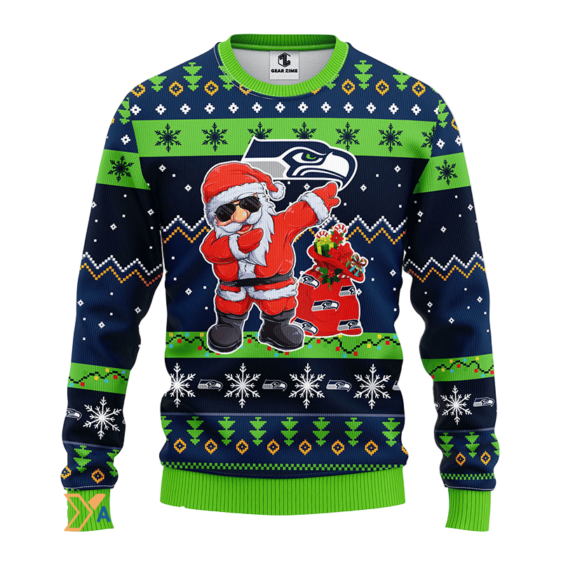Ugly Christmas Sweater Seattle-Seahawks, Santa Claus Green/Blue