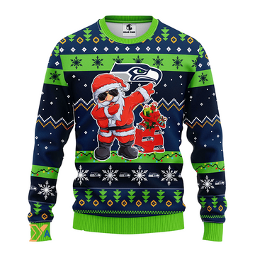Ugly Christmas Sweater Seattle-Seahawks, Santa Claus Green/Blue