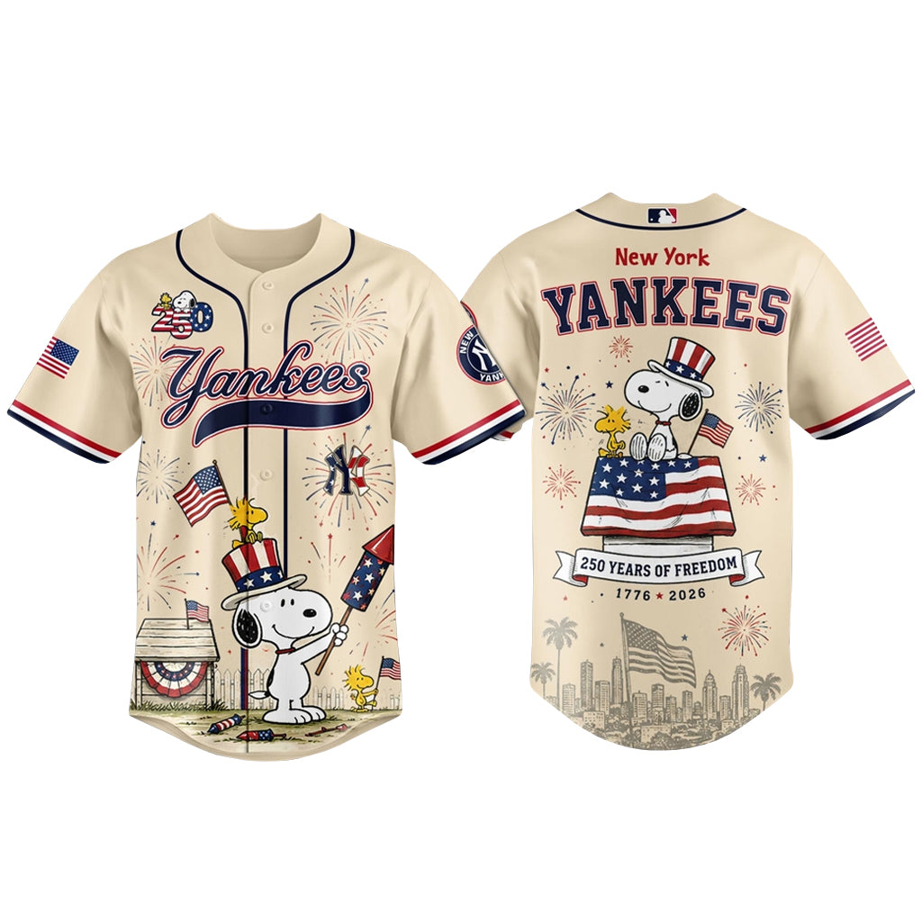 Unisex New York Yankees x Peanuts USA 250th Anniversary 2026 Baseball Jersey for Baseball and Patriotic Fans
