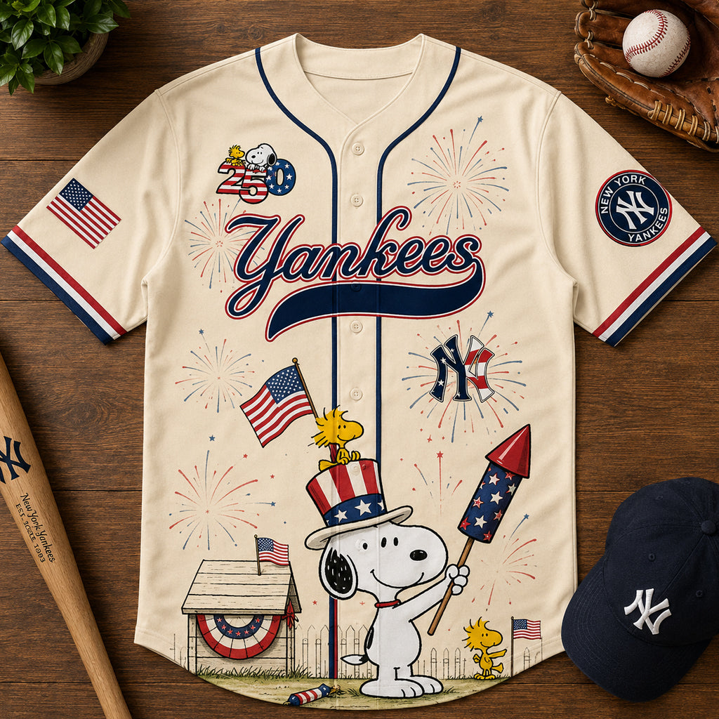 Unisex New York Yankees x Peanuts USA 250th Anniversary 2026 Baseball Jersey for Baseball and Patriotic Fans