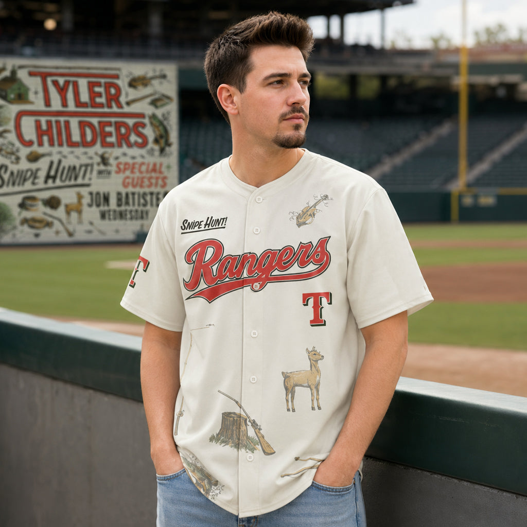 Unisex Texas Rangers x Tyler Childers Snipe Hunt Tour 2026 Baseball Jersey for Baseball and Country Music Fans