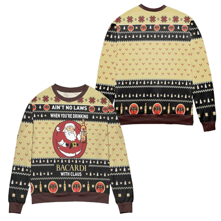 Aint No Laws When Youre Drinking Bacardi With Claus Ugly Christmas Sweater ? Black Yellow ? Usalast