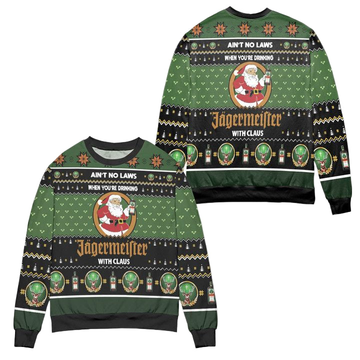 Aint No Laws When Youre Drinking Jagermeister With Claus Ugly Christmas Sweater ? Black Green ? Usalast