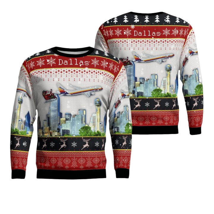 American Airlines Air Cal Heritage With Santa Over Dallas Christmas AOP Sweater ? Usalast