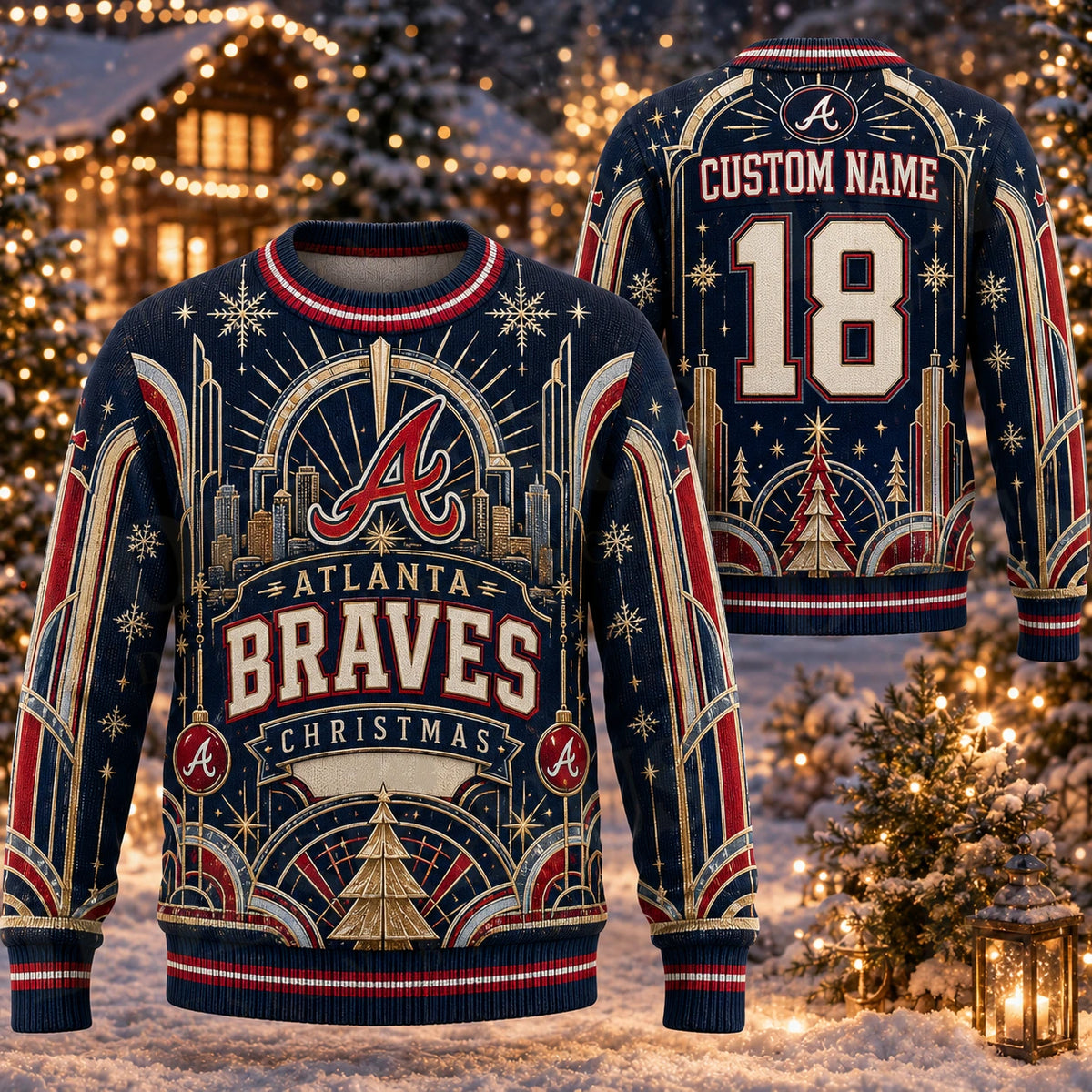 Custom Name And Number Atlanta Braves Christmas Ugly Sweater 2026