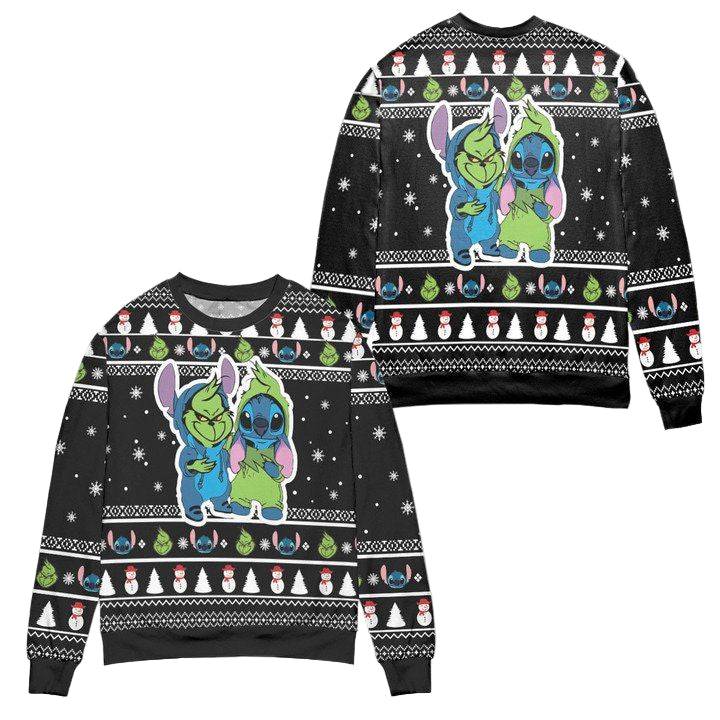 Baby Grinch And Stitch Snowman Pattern Claus Ugly Christmas Sweater ? Black ? Usalast