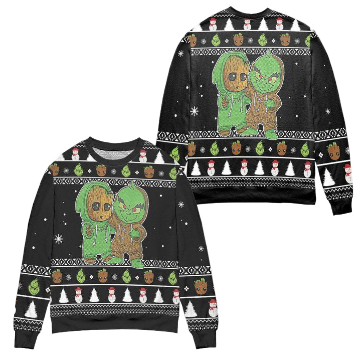 Baby Groot And Grinch Snowman Pattern Claus Ugly Christmas Sweater ? Black ? Usalast