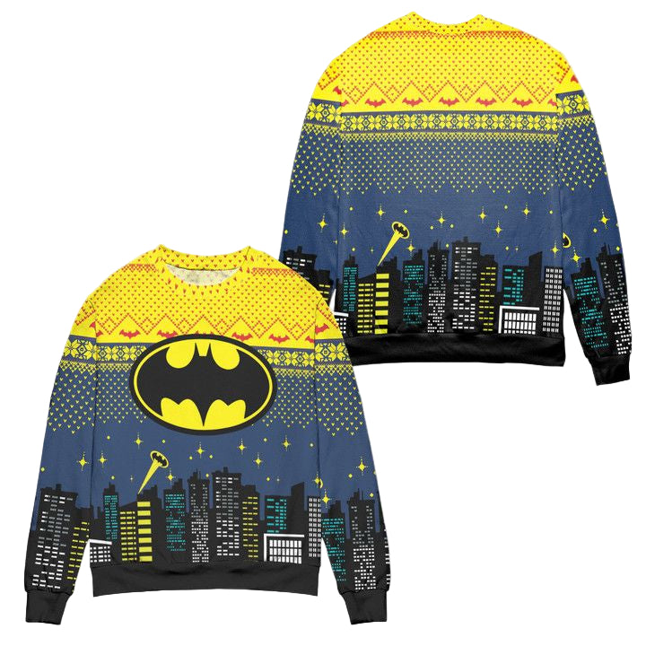 Batman Logo City Nights Ugly Christmas Sweater ? Blue Yellow ? Usalast