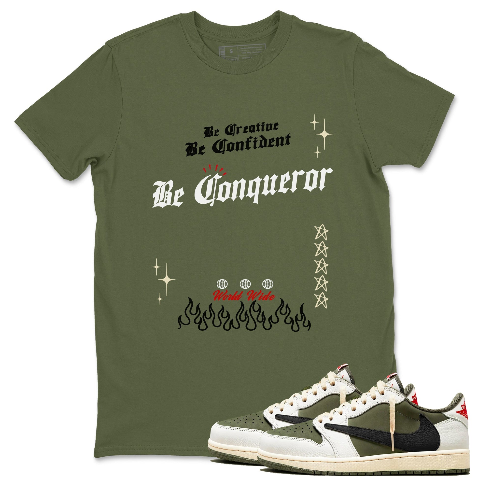 Be Conqueror Sneaker Tees - Air Jordan 1 Travis Scott Medium Olive