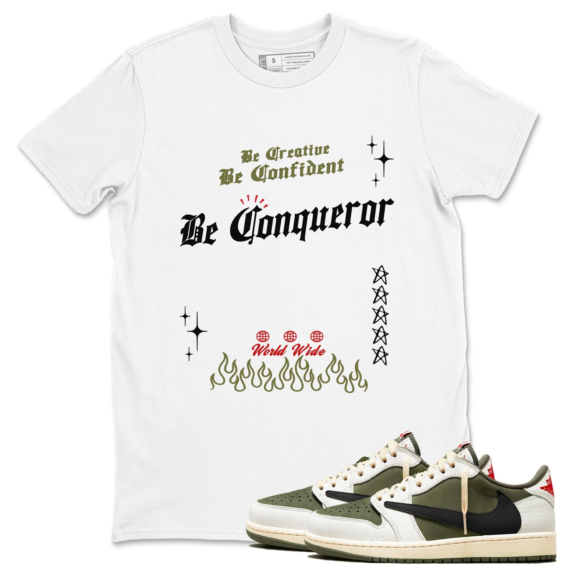 Be Conqueror Sneaker Tees - Air Jordan 1 Travis Scott Medium Olive