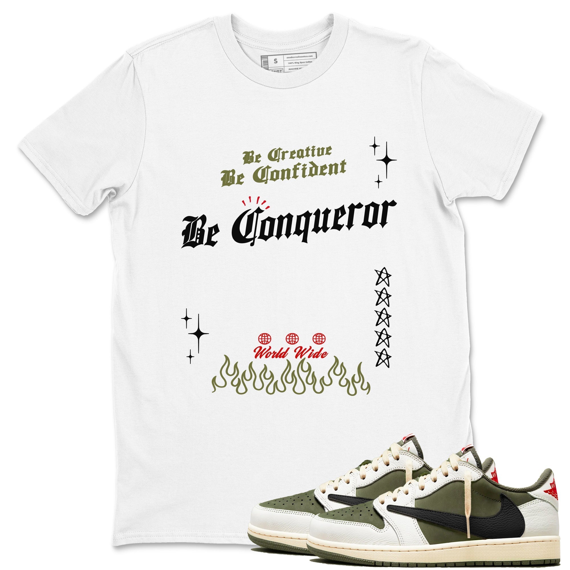 Be Conqueror Sneaker Tees - Air Jordan 1 Travis Scott Medium Olive