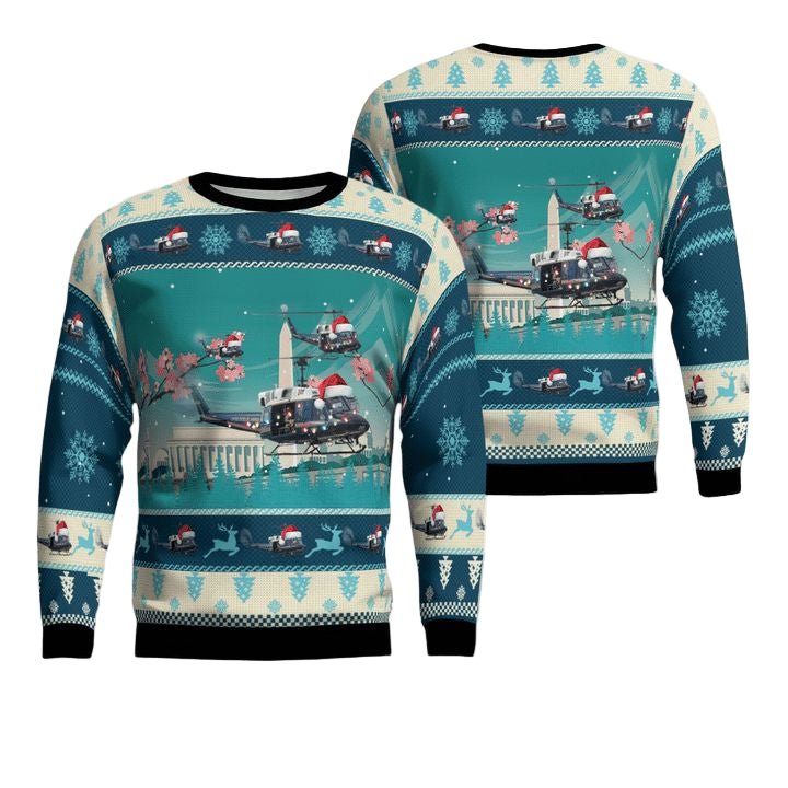 Bell UH-1N Twin Huey of the 1st Helicopter Squadron flying over Washington DC Christmas AOP Sweater ? Usalast