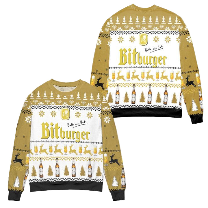 Bitburger Beer Logo Reindeer Pattern Ugly Christmas Sweater ? Yellow ? Usalast