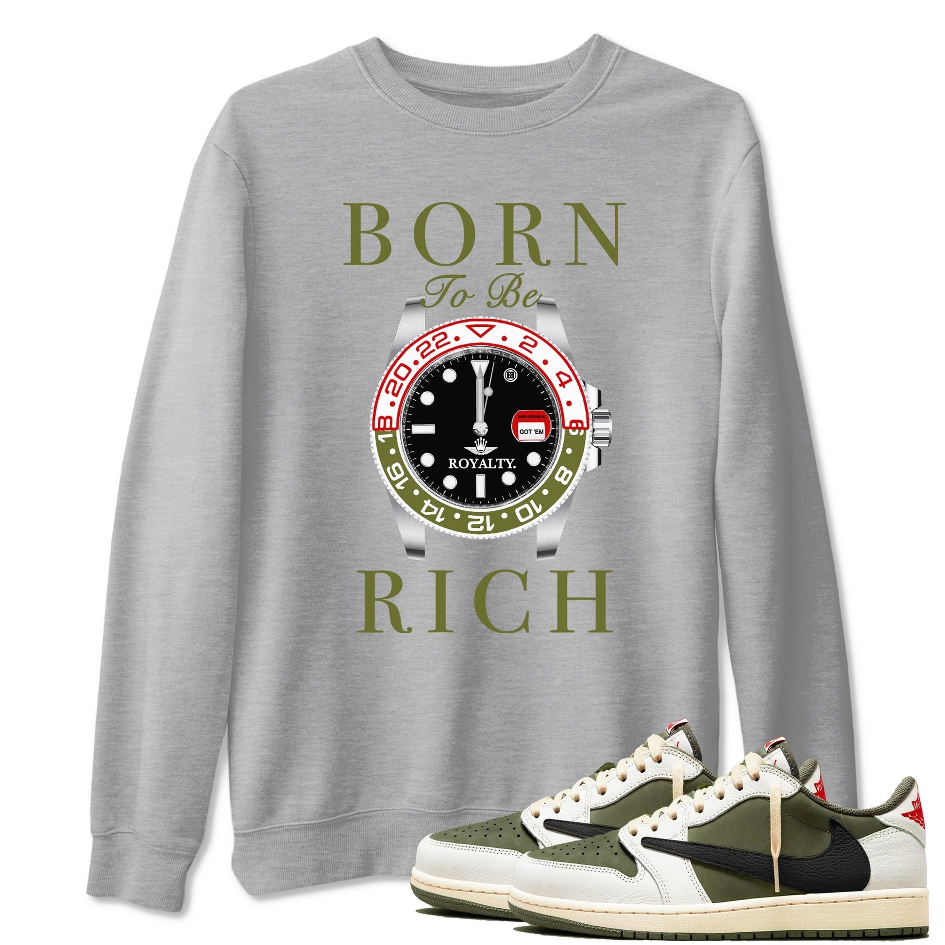 Born To Be Rich Sneaker Tees - Air Jordan 1 Travis Scott Medium Olive