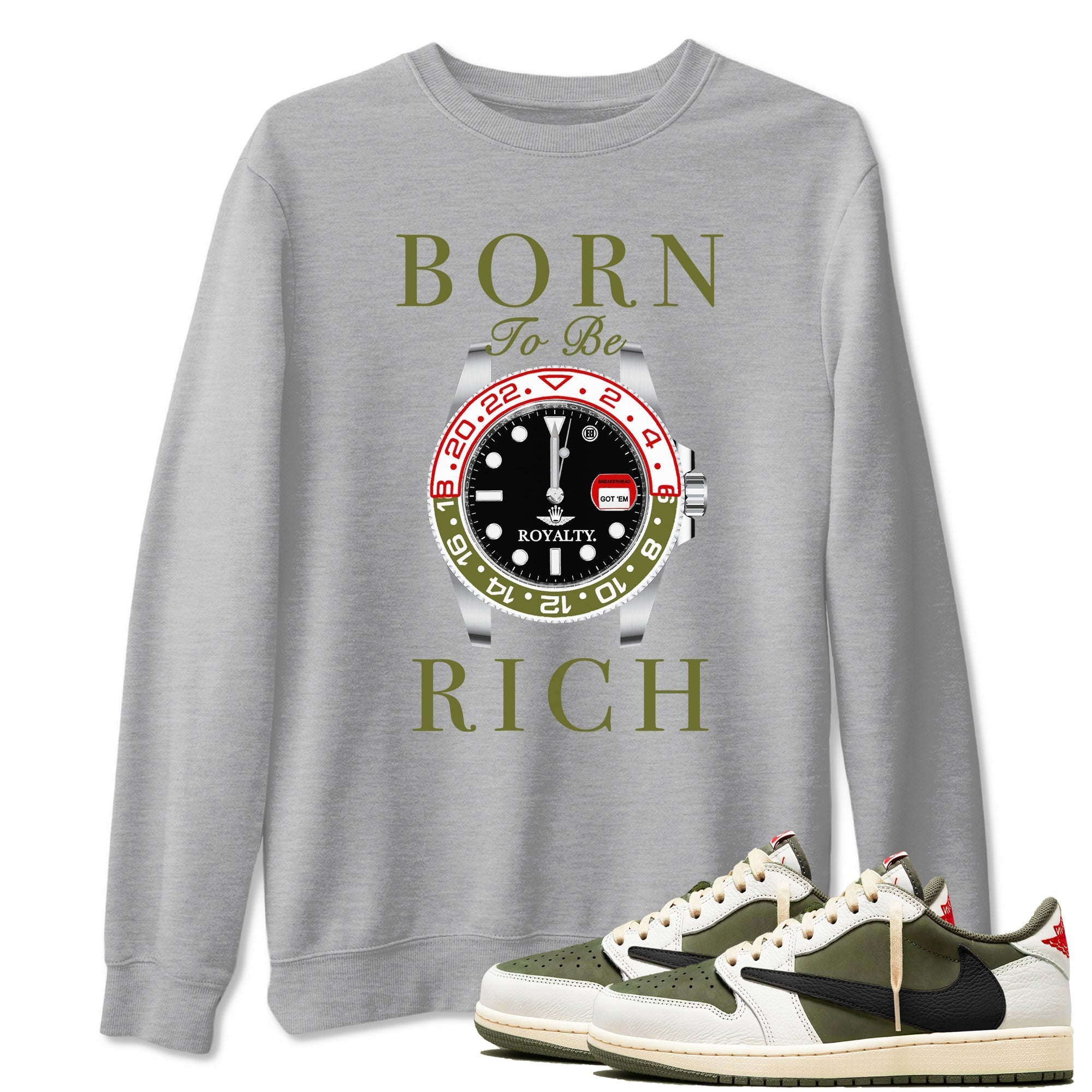 Born To Be Rich Sneaker Tees - Air Jordan 1 Travis Scott Medium Olive